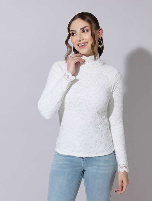 women solid long sleeve lace top - 22321901 - Very Small Image - 1