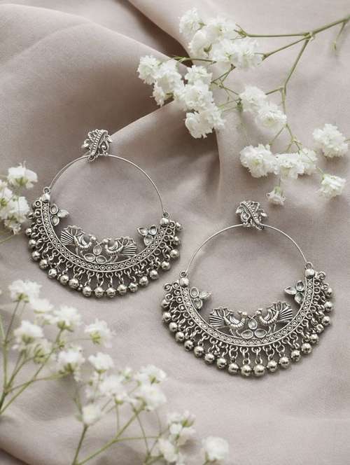 oxidised silver peacock hoop earrings with ghungroo detailing for women - 22346611 - Very Small Image - 1