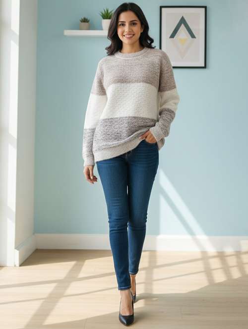 women color blocked long sleeve pullover - 22361889 - Very Small Image - 1