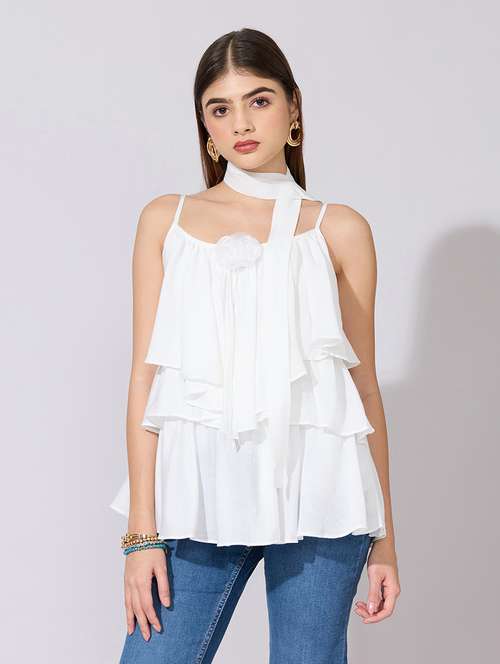 women solid shoulder strap ruffle top - 22381066 - Very Small Image - 1