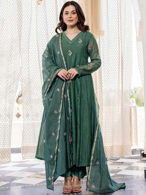 women green chanderi flared kurta - 22455530 - Very Small Image - 1