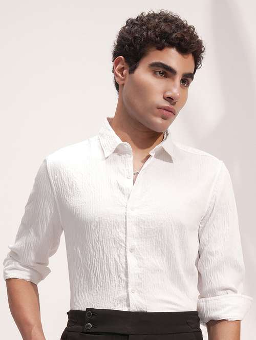Men Regular Fit White Cotton Textured Shirt - 22469774 - Very Small Image - 1