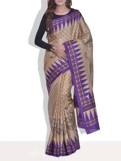 beige and purple printed silk saree - 9613949 - Very Small Image - 1