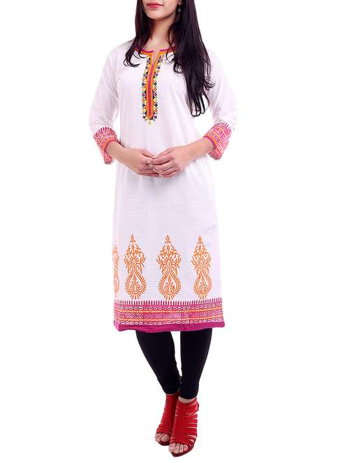 cream- multi colored cotton embroidered printed kurta - 9899327 - Very Small Image - 1